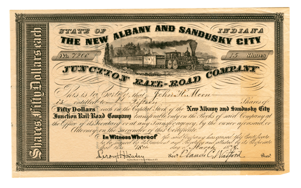 New Albany and Sandusky City Junction Railroad - Stock Certificate