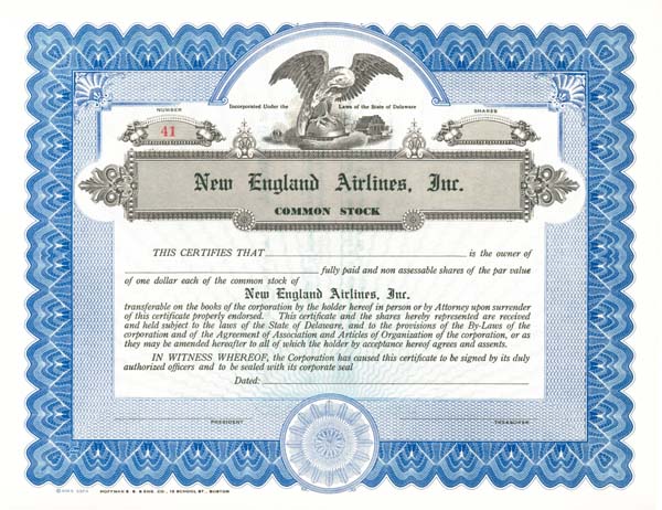 New England Airlines, Inc - Stock Certificate