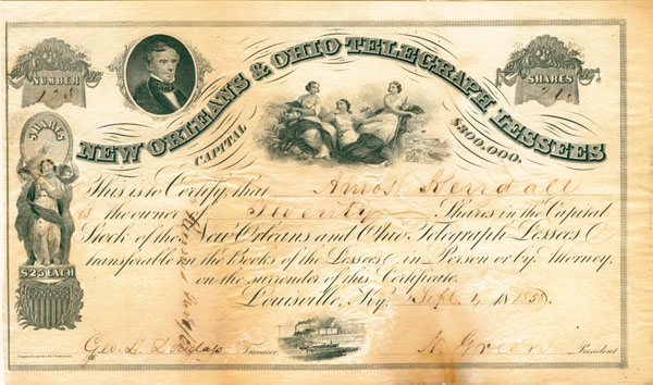 Norvin Green - New Orleans and Ohio Telegraph Lessees - Stock Certificate