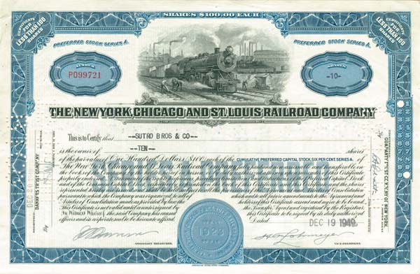 New York, Chicago and St. Louis Railroad Co. - Stock Certificate