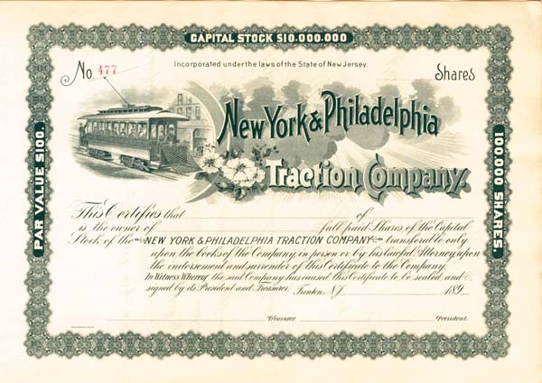 New York and Philadelphia Traction Co. - Stock Certificate