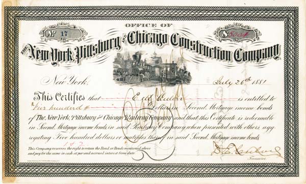 New York, Pittsburgh and Chicago (Railroad) Construction Co. - Stock Certificate