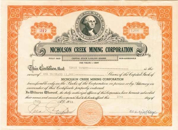 Nicholson Creek Mining Corporation - Stock Certificate