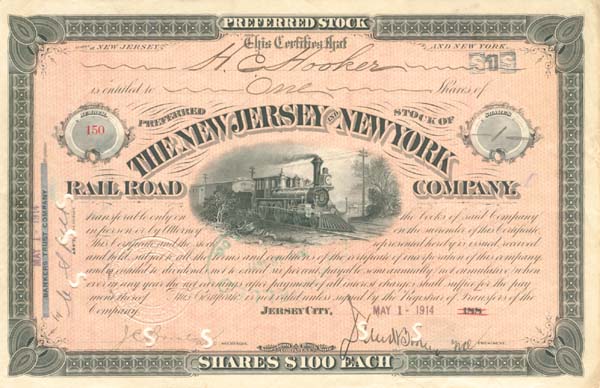 New Jersey and New York Railroad Co. - Stock Certificate