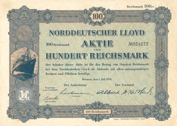 Norddeutscher Lloyd Aktie Uber Hundert Reichsmark - Stock Certificate