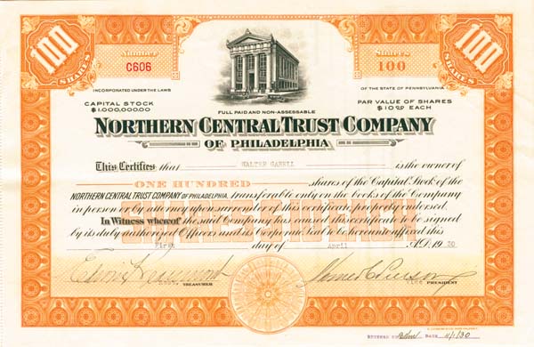 Northern Central Trust Co. of Philadelphia - Stock Certificate