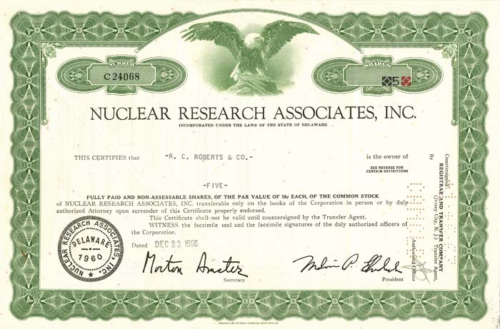 Nuclear Research Associates, Inc. - Stock Certificate - Very Rare Topic