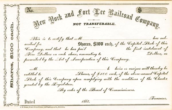New York and Fort Lee Railroad - Railway Stock Certificate