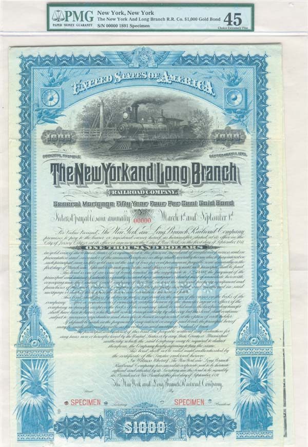 New York and Long Branch Railroad Co. - Railway Specimen Bond