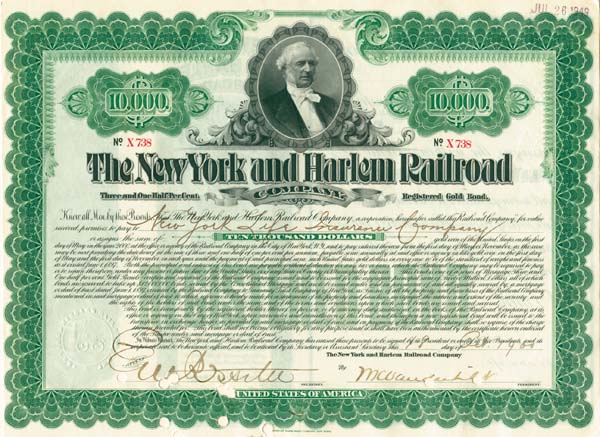 New York and Harlem Railroad Company $10,000 Bond signed by William Kissam Vanderbilt