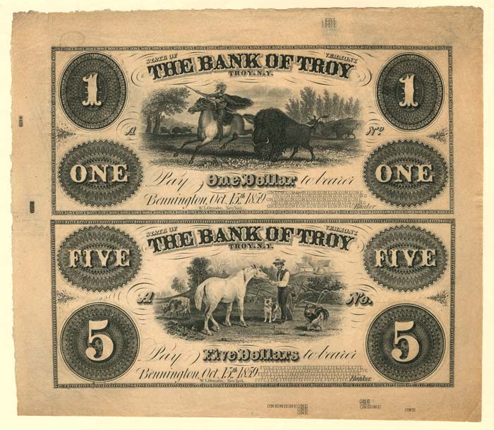 Bank of Troy - Uncut Obsolete Sheet - Broken Bank Notes