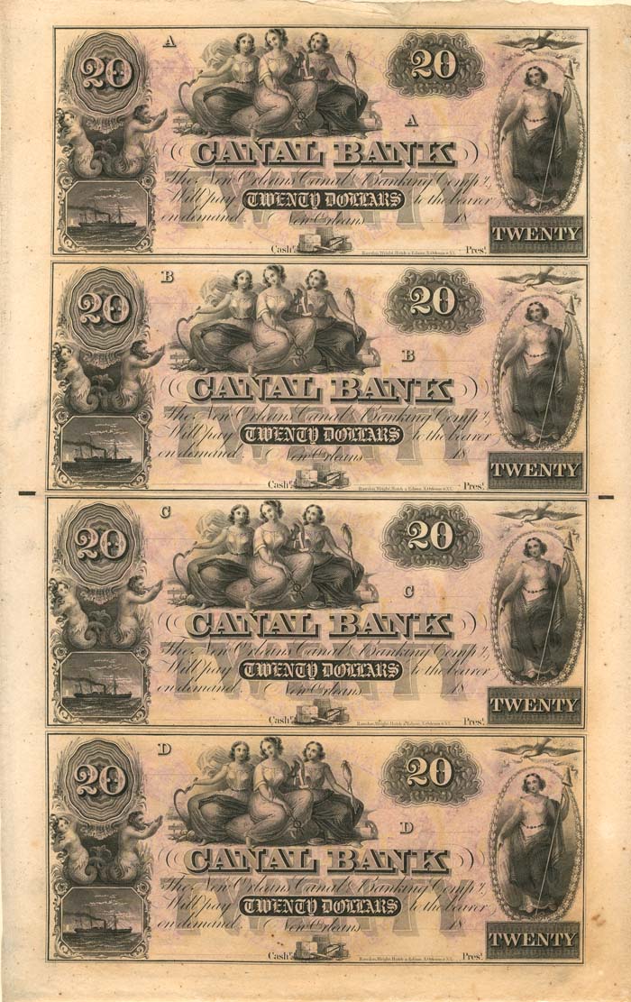 $20 Canal Bank - Uncut Obsolete Sheet of 4 Notes - Broken Bank Notes - Paper Money