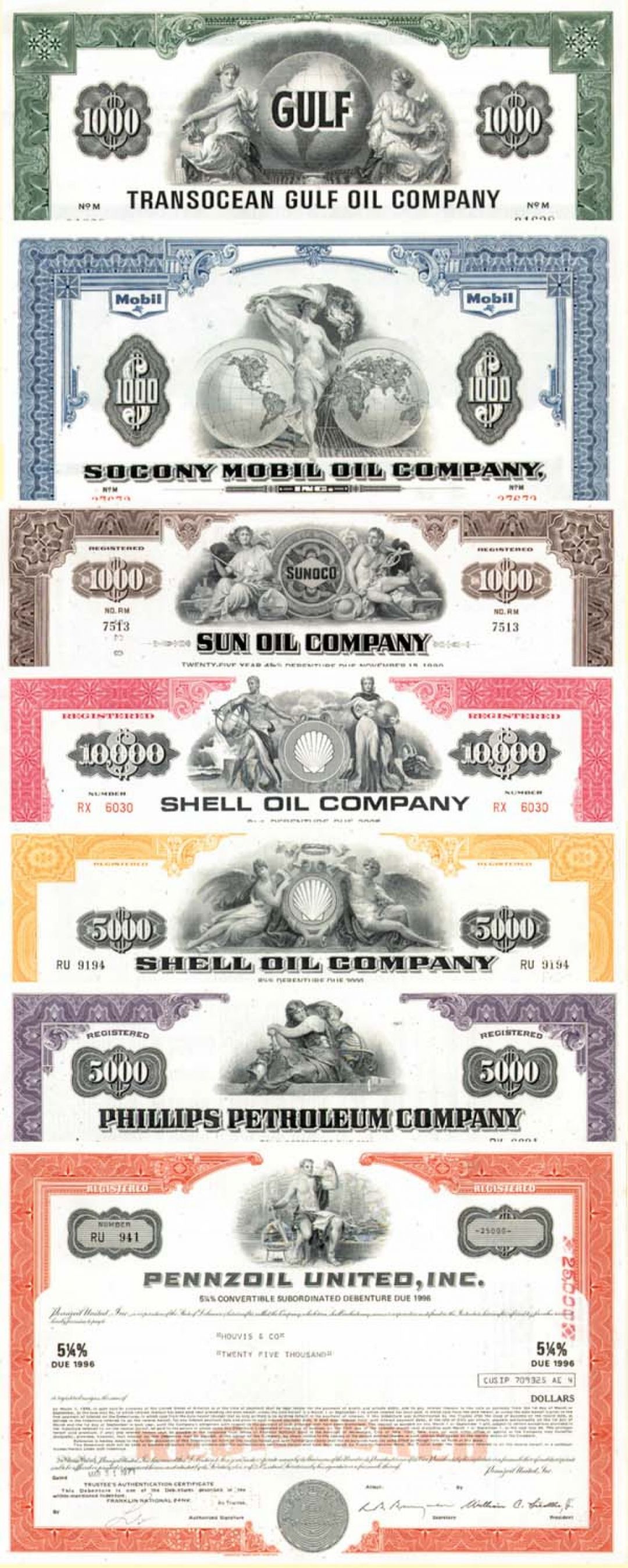 Collection of 7 Oil Bonds - Pennzoil United, Phillips Petroleum, Socony Mobil Oil, Sun Oil, Transocean Gulf Oil & 2 Types of Shell Oil 
