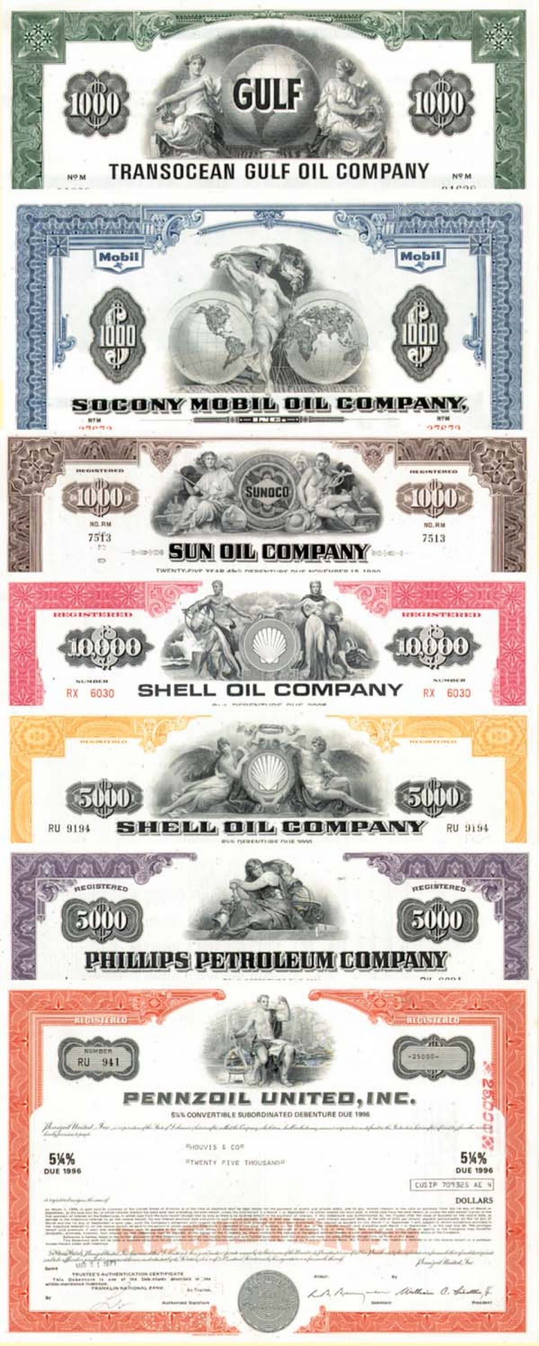 Collection of 7 Oil Bonds - Pennzoil United, Phillips Petroleum, Socony Mobil Oil, Sun Oil, Transocean Gulf Oil & 2 Types of Shell Oil 