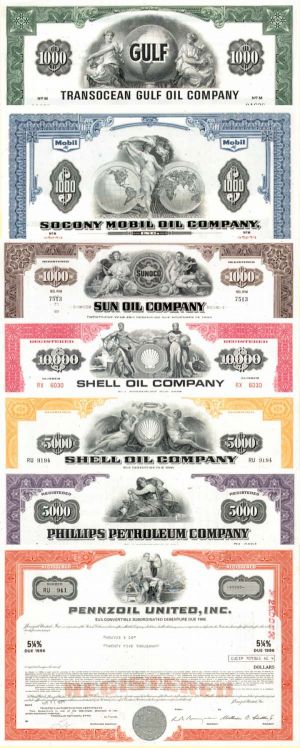 Collection of 7 Oil Bonds - Pennzoil United, Phillips Petroleum, Socony Mobil Oil, Sun Oil, Transocean Gulf Oil & 2 Types of Shell Oil 