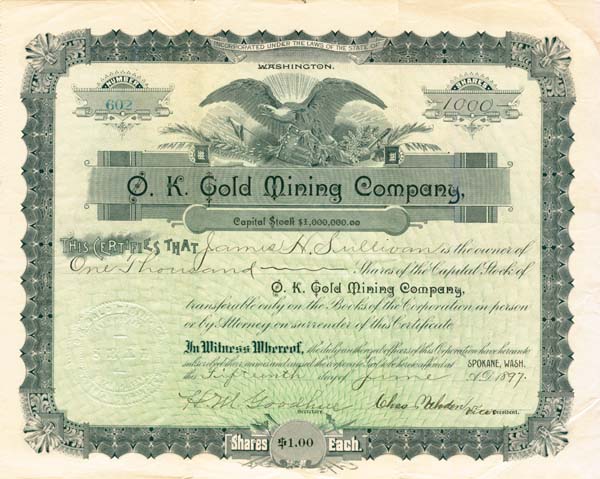 O. K. Gold Mining Co. - Stock Certificate