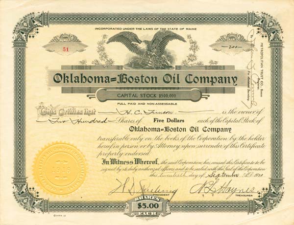 Oklahoma-Boston Oil Co - Stock Certificate