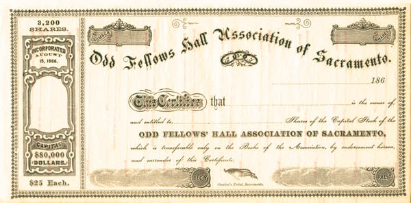 Odd Fellows Hall Association of Sacramento - Stock Certificate