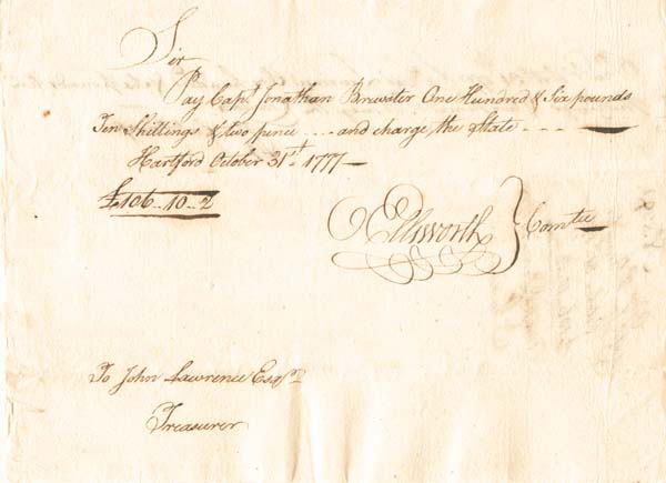 1777 dated Oliver Ellsworth signed Revolutionary War Pay Order - Connecticut Autograph Document