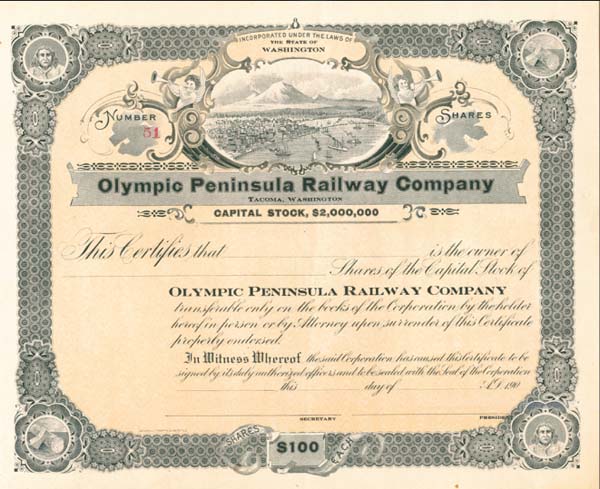 Olympic Peninsula Railway Company - Stock Certificate