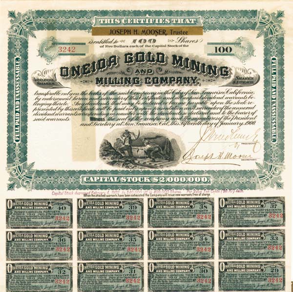 Oneida Gold Mining and Milling Co - Stock Certificate
