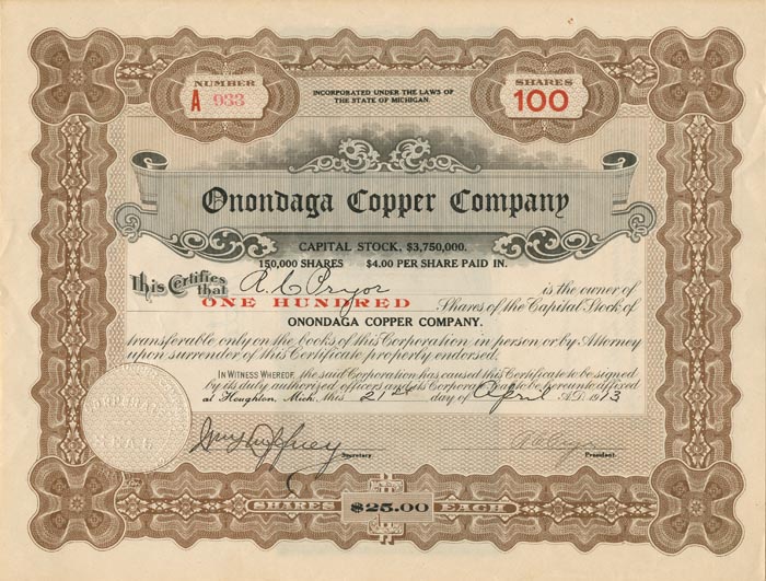 Onondaga Copper Co. - Stock Certificate