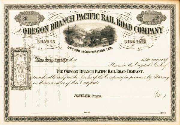 Oregon Branch Pacific Railroad - Unissued Railway Stock Certificate