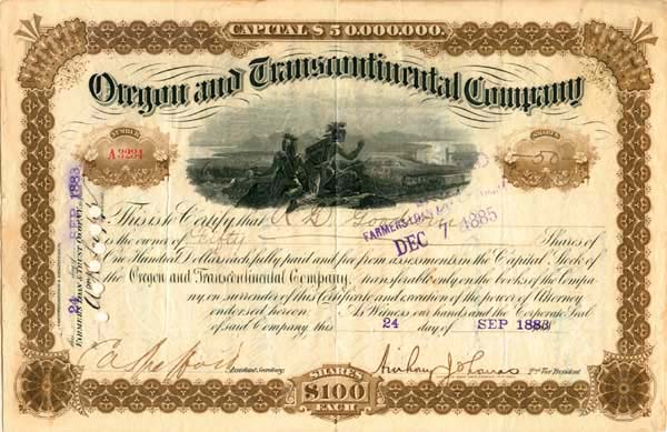 Oregon and Transcontinental Co. - Stock Certificate