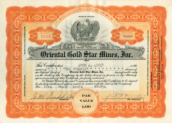 Oriental Gold Star Mines, Inc. - Stock Certificate