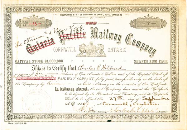 Ottawa and New York Railway - Stock Certificate