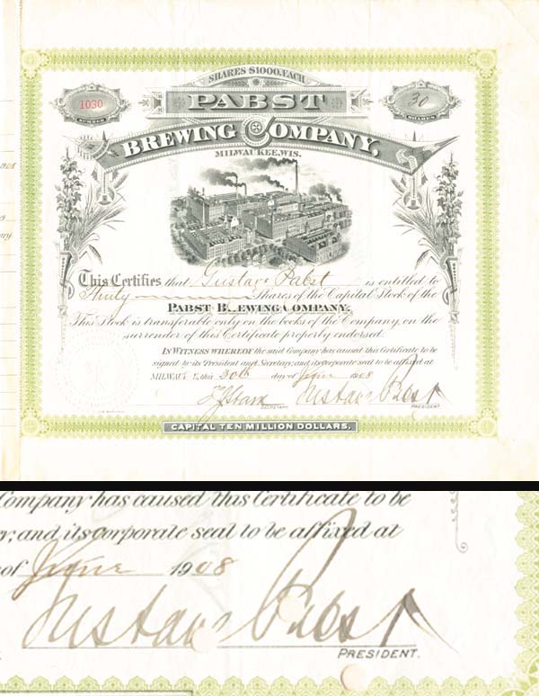 Gustave Pabst - Pabst Brewing Co - Stock Certificate