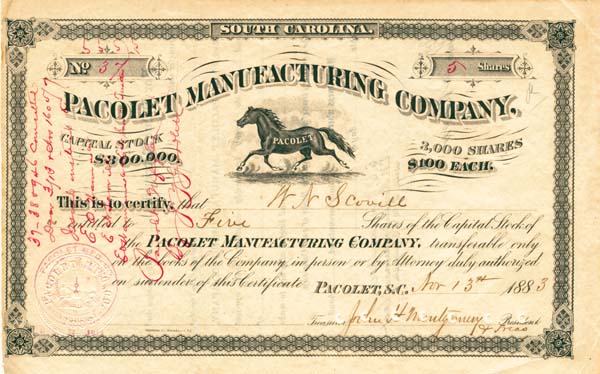 Pacolet Manufacturing Co - Stock Certificate