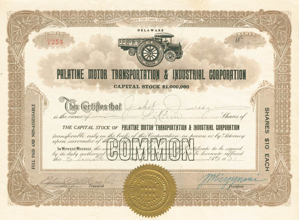 Palatine Motor Transportatiion and Industrial Corp - Stock Certificate