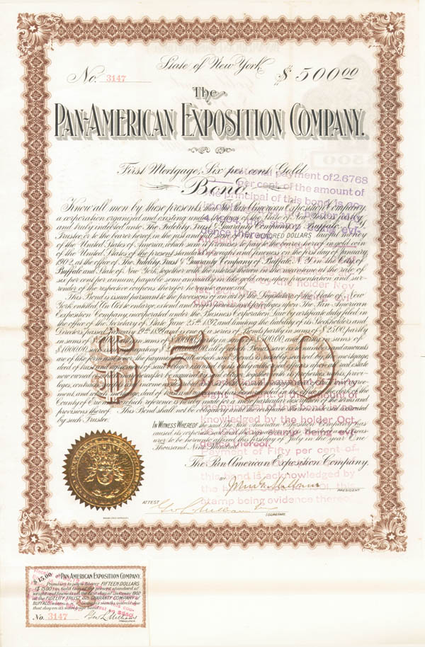 Pan-American Exposition Co - Signed by John George Milburn - 1900 dated Autograph Bond - Location of Assassination of President William McKinley