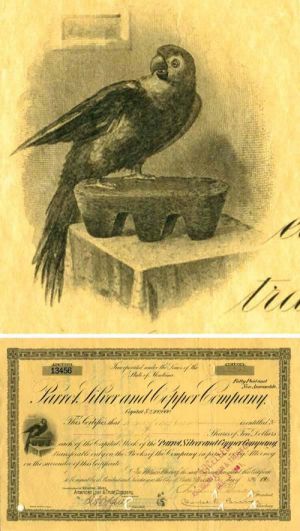 Transferred to William Goodsell Rockefeller - Parrot Silver & Copper Co. - Parrot with Ingot Vignette - Montana Mining Stock Certificate