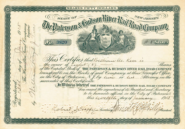Paterson and Hudson River Railroad - Railway Stock Certificate