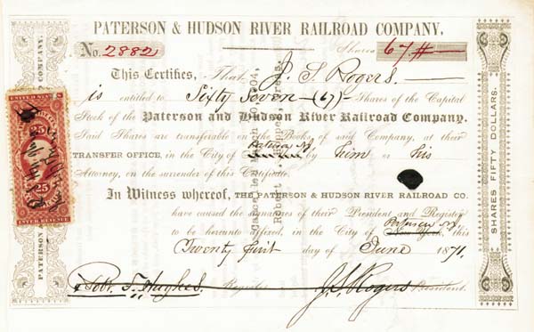 Paterson and Hudson River Railroad - Railway Stock Certificate