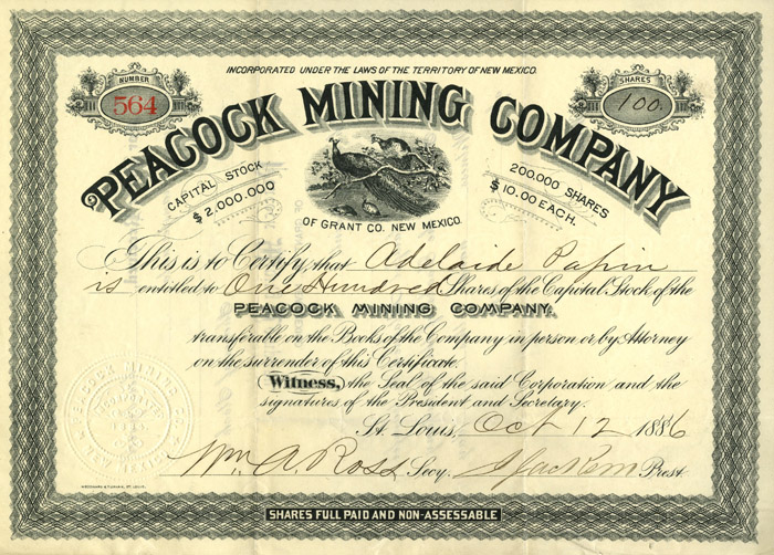 Peacock Mining Co. - Stock Certificate