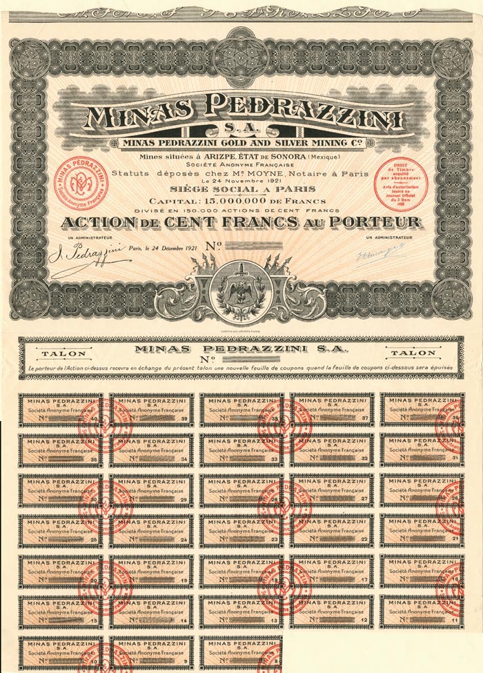 Minas Pedrazzini S. A. - Stock Certificate