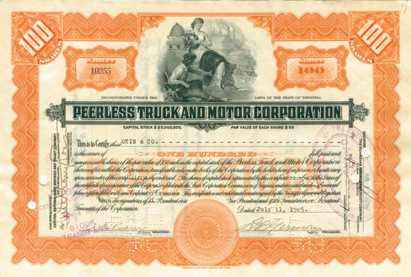 Peerless Truck and Motor Corporation - Automobile Stock Certificate