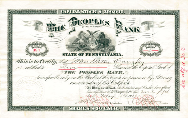 Peoples Bank of McKeesport - Stock Certificate