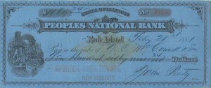 Peoples National Bank - 1880's dated Check - Rock Island, Illinois