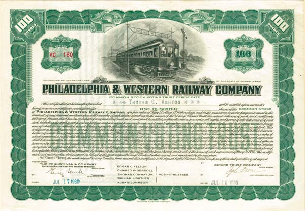 Philadelphia and Western Railway Co. - Stock Certificate