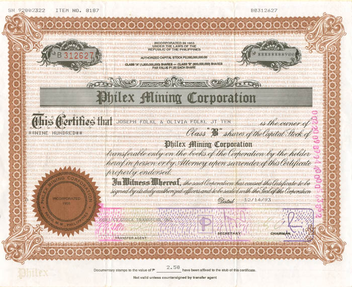 Philex Mining Corporation - Stock Certificate