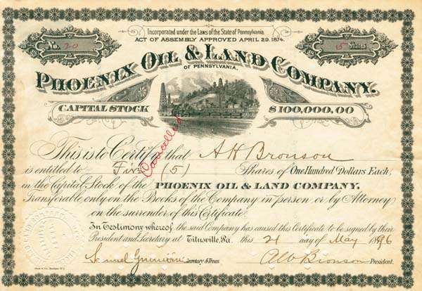 Phoenix Oil and Land Company of Pennsylvania - Stock Certificate