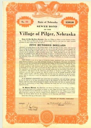 Sewer Bond of the Village of Pilger, Nebraska - 1925 dated Town Sewage Bond