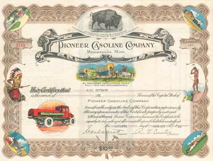 Pioneer Gasoline Company - Gorgeous Multicolored Stock Certificate