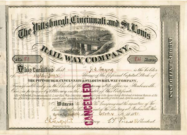 Pittsburgh, Cincinnati and St. Louis Railway - Stock Certificate