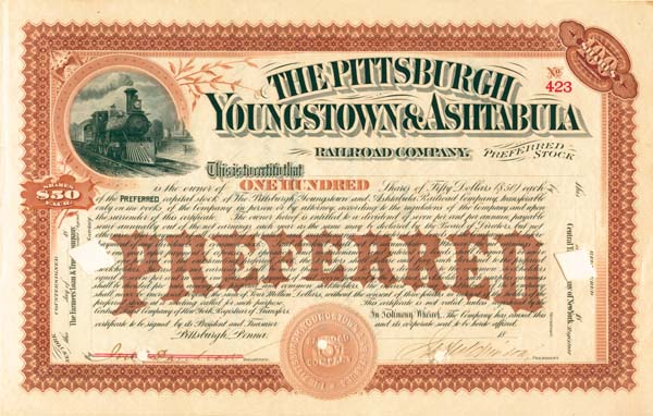 Pittsburgh, Youngstown and Ashtabula Railroad Co. - Stock Certificate