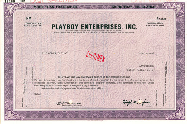 Playboy Enterprises, Inc - Stock Certificate